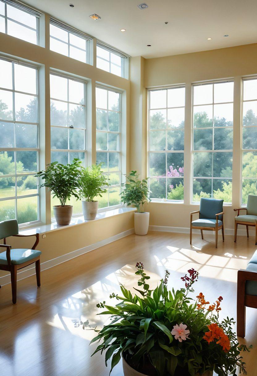 A serene healthcare setting with a diverse group of patients and caregivers sharing knowledge and compassion. In the foreground, vibrant displays of the latest medical treatments and wellness strategies, such as holistic healing and advanced technology. Soft natural light filters through large windows, creating an inviting atmosphere. Include symbols of hope, like blooming plants and gentle light patterns. watercolor painting. soothing colors.